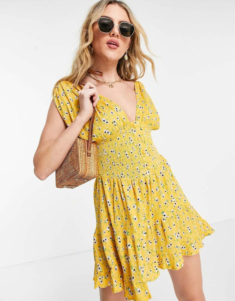 ASOS DESIGN cottage core Shirred Waist Tiered Mini Dress in Mustard Floral